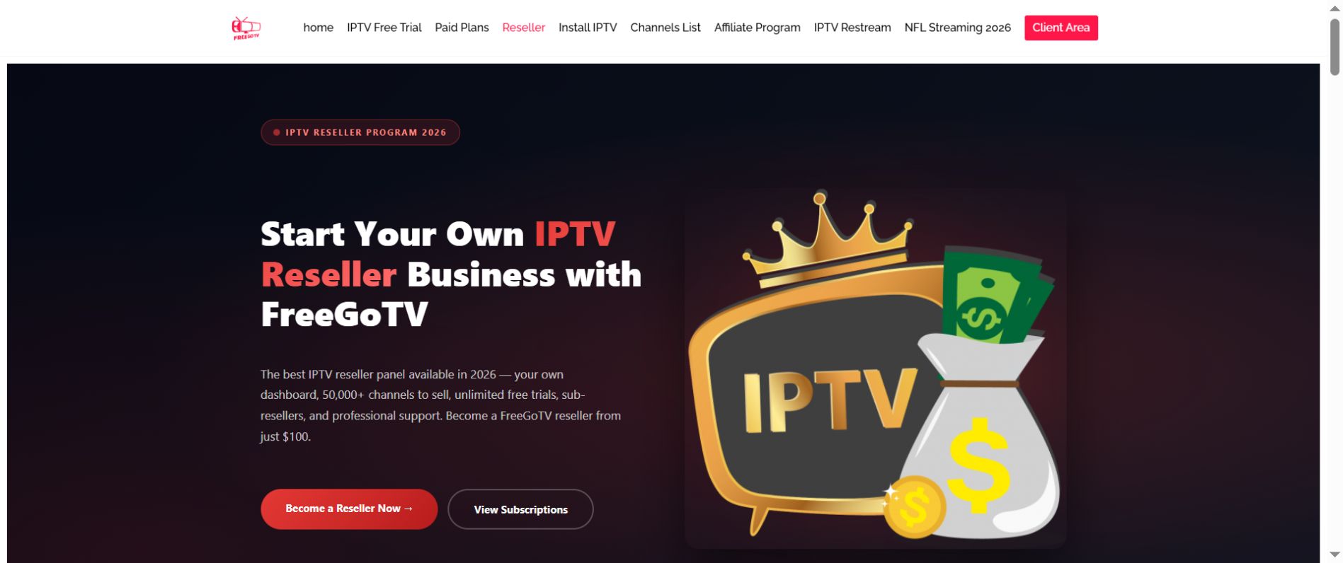 Live screenshot of the FreeGoTV IPTV reseller page