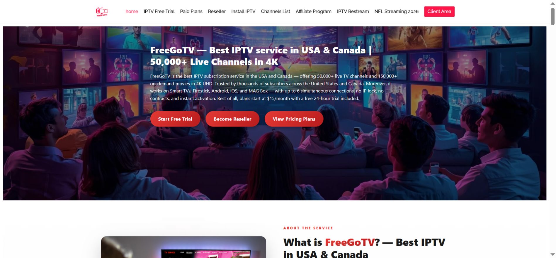 Live screenshot of the official FreeGoTV website at FreeGoTV.com