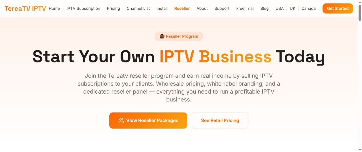Live screenshot of the TereaTV IPTV reseller page