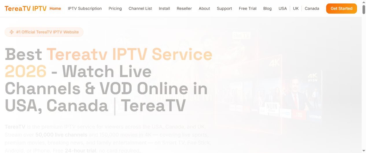 Live screenshot of the official TereaTV website at TereaTV.net